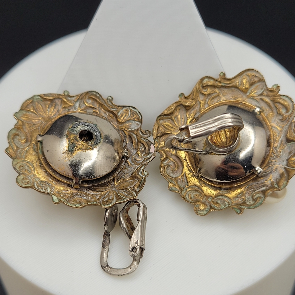 Vintage Art Nouveau Brass Faux Cluster Pearl Sterling Clip-On Earrings *AS-IS* - Picture 8 of 15